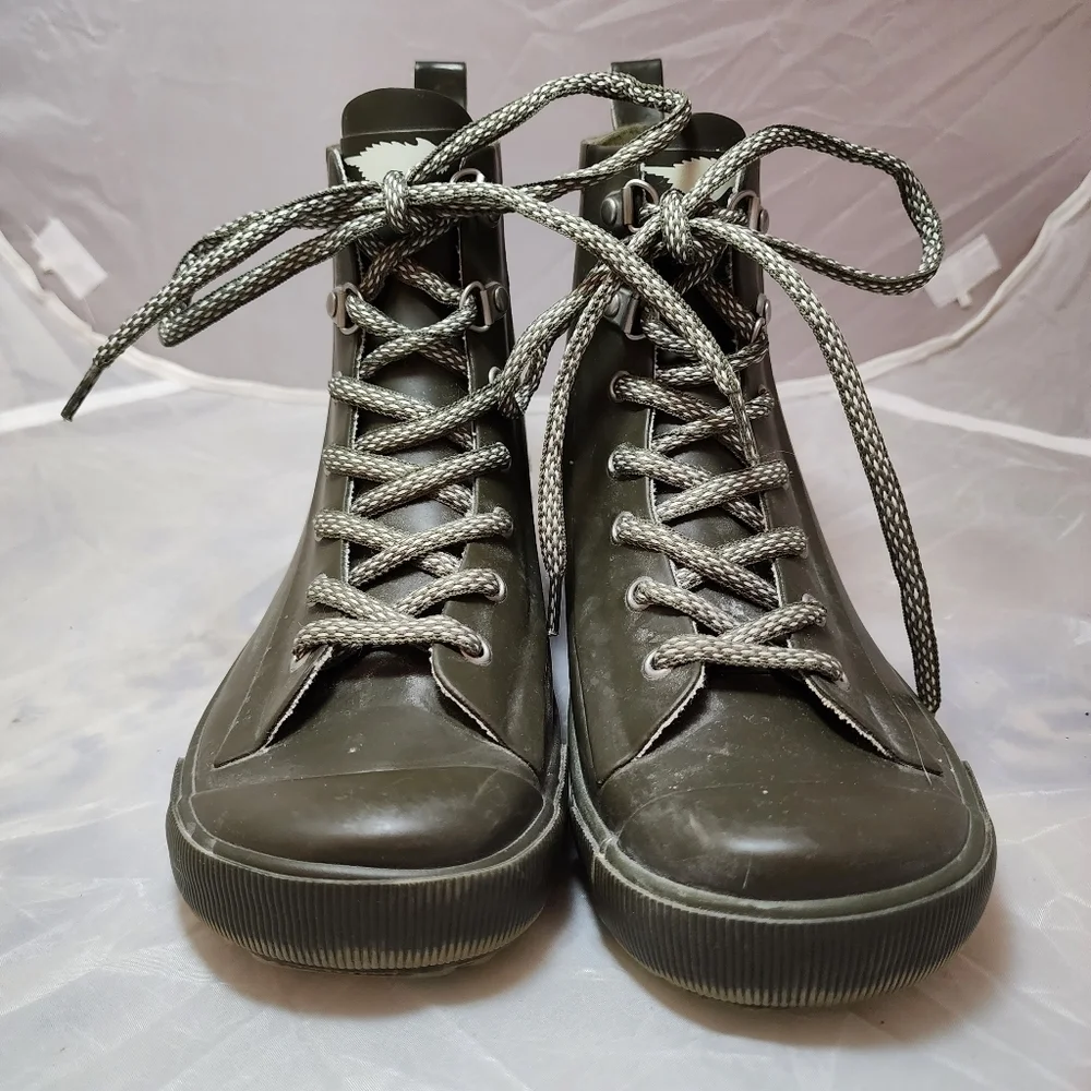 Rocket Dog Olive Green Grey Rubber Lace Up Rain Boots Women's Size 7 All Seasons